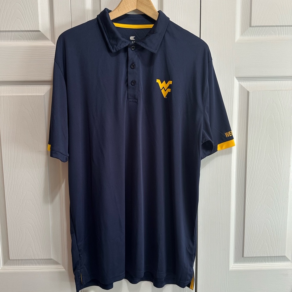 Men's Colosseum WVU Logo Short Sleeve Polo, Navy Blue, Gold on Sleeves, Size XL